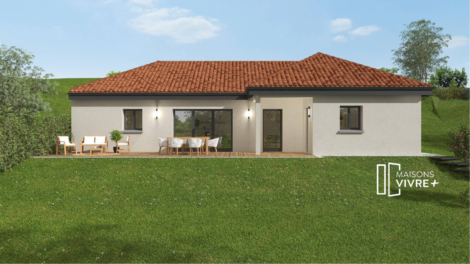 TERRAIN AVEC VUE ET PROJET DE MAISON MODERNE DE PLAN-PIED A COGNY (69640)